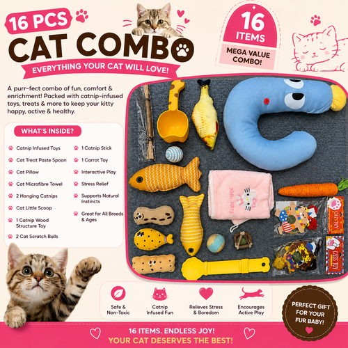 16 PCS Cat Toy & Enrichment Combo Kit — Catnip Toys, Scratcher Balls, Comfort Pillow & Interactive Accessories for Indoor Cats | PetsnPlay India